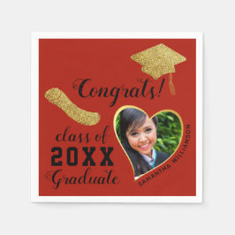 クラス2025 Grad Photo Red Black金ゴールド卒業 スタンダードカクテルナプキン