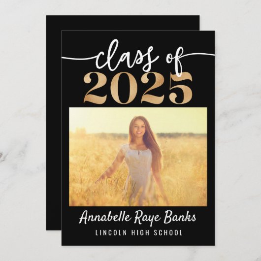 クラス2025 Script Black Printable 招待状 (正面/裏面)