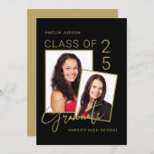 クラス25フォトブラック&金ゴールドスクリプト卒業 案内状 (正面/裏面)