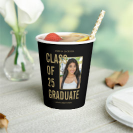 クラス25ブラック&金ゴールド写真卒業パーティー 紙コップ