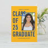 クラス25ブルー&金ゴールド写真卒業パーティー 招待状 (スタンド正面)
