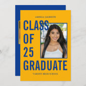 クラス25ブルー&金ゴールド写真卒業パーティー 招待状 (正面/裏面)