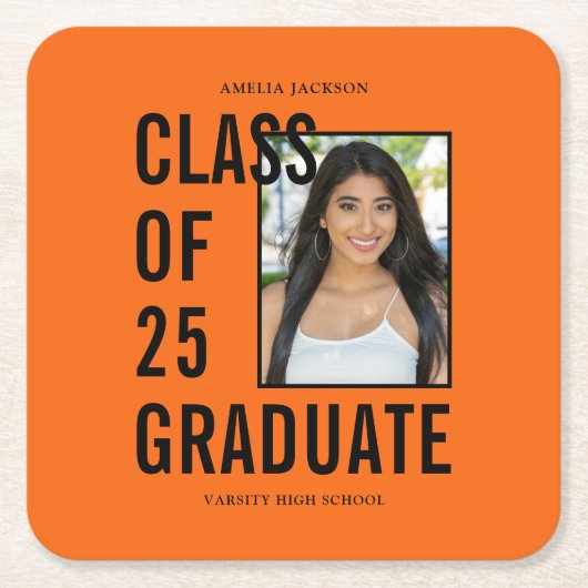 クラス25卒業オレンジ写真卒業パーティー スクエアペーパーコースター (正面)