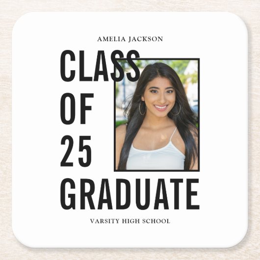 クラス25白黒フォト卒業パーティー スクエアペーパーコースター (正面)