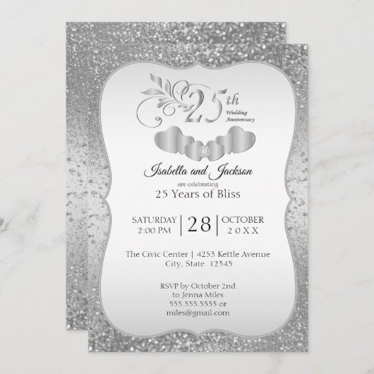 クラス25thシルバーグリッター記念日招待状 招待状 (正面/裏面)