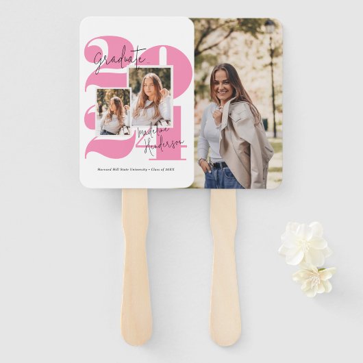 クラス3フォトコラージホットピンク卒業 ハンドファン (正面&裏面)