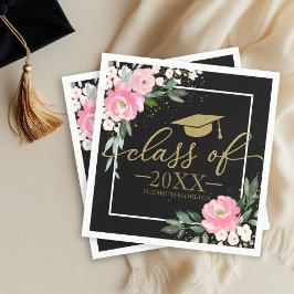 クラスOf 2025ホットピンクフローラグラードパーティーブラック スタンダードカクテルナプキン