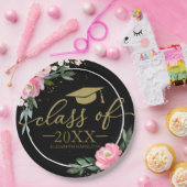 クラスOf 2025ホットピンクフローラグラードパーティーブラック ペーパープレート (パーティー)
