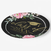 クラスOf 2025ホットピンクフローラグラードパーティーブラック ペーパープレート (アングル)