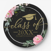 クラスOf 2025ホットピンクフローラグラードパーティーブラック ペーパープレート (正面)