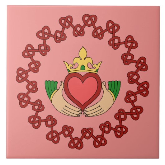 クラダグと赤の結び糸細工オンピンク タイル (正面)