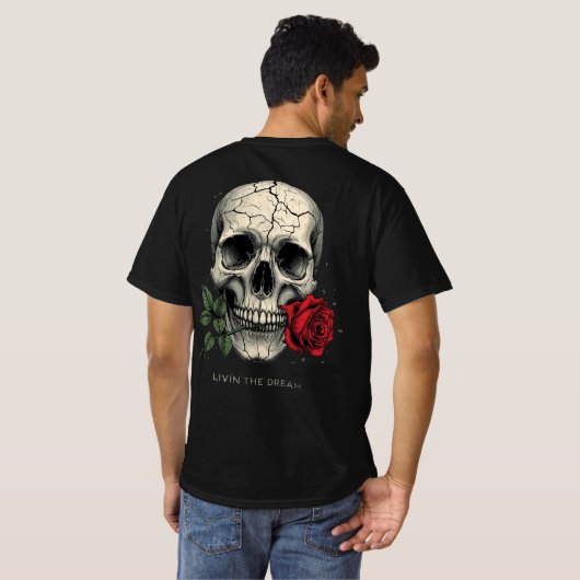 クラックド スカル ローズ Tシャツ – 夢を生きてる (裏面フル)