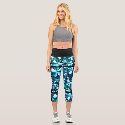 クラックルフラワーパターンブルーパープルティール（緑がかった色） カプリレギンス (正面)