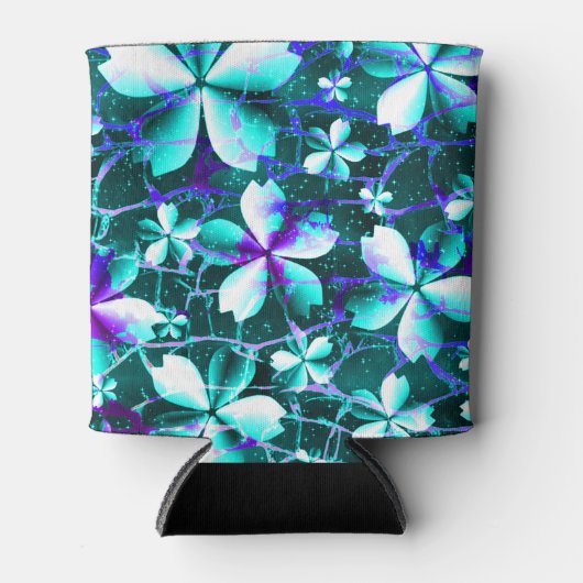 クラックルフラワーパターンブルーパープルティール（緑がかった色） 缶クーラー (正面)
