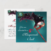 クラッシィなマーディ・グラス・マスクボールマスク 青と白 招待状 (正面/裏面)