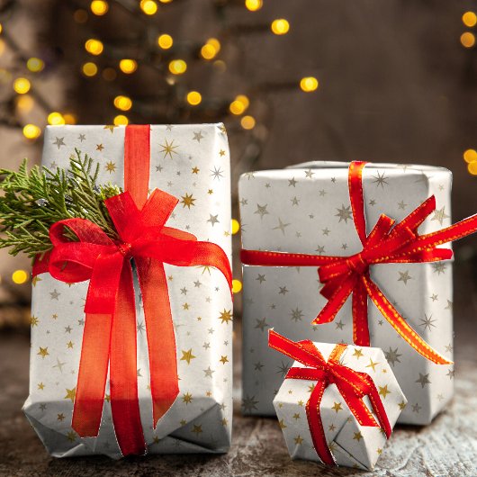 クラッシィ エレガント ホワイト ゴールド シルバー クリスマス スター ラッピングペーパーシート