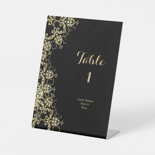 クラッシィ ゴールド & ブラック ダマスク 誕生日 テーブル ナンバー 台座サイン (正面)