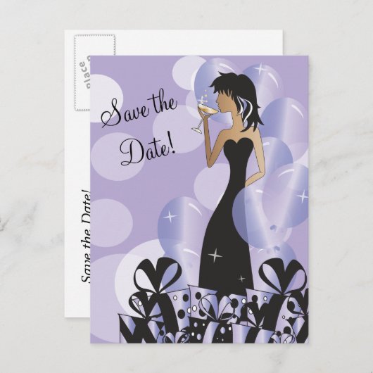 クラッシィ・ディーバ・ガールのパーティー | セーブ・ザ・デート | パープル 案内ポストカード (正面/裏面)