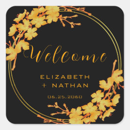 クラッシィ ブラック＆ゴールド フローラル ウェディング ウェルカム スクエアシール