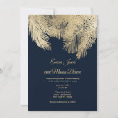 クラッシックなネイビーブルーゴールドのパームツリートロピカルウェディング 招待状 (正面)