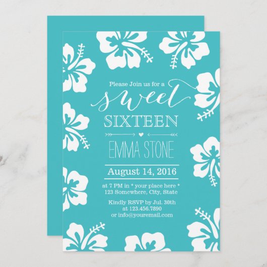 クラッシハイビスカスフラワーターコイズスウィート16誕生日 招待状 (正面/裏面)