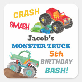 クラッシュスマッシュモンスタートラック誕生日バッシュウォーター色 スクエアシール