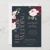 クラッシーはっきりしたブルゴーニュ&ネイビーウォーター花模様 招待状 (正面)