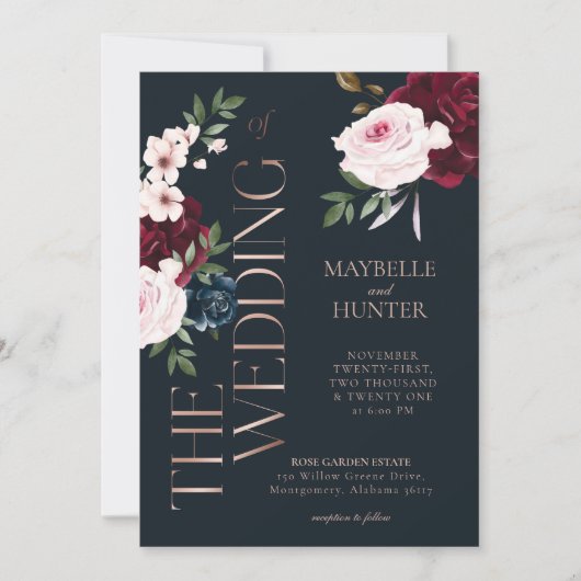 クラッシーはっきりしたブルゴーニュ&ネイビーウォーター花模様 招待状 (正面)