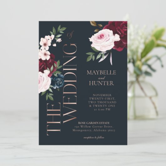 クラッシーはっきりしたブルゴーニュ&ネイビーウォーター花模様 招待状 (スタンド正面)