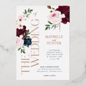 クラッシーはっきりしたブルゴーニュ&ネイビーウォーター花模様 箔招待状 (正面)