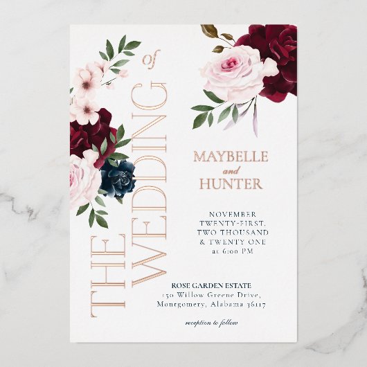 クラッシーはっきりしたブルゴーニュ&ネイビーウォーター花模様 箔招待状 (正面)