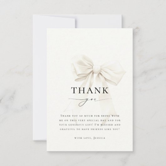 クラッシーエレガントシックなホワイトボウブライダルシャワー サンキューカード (正面)