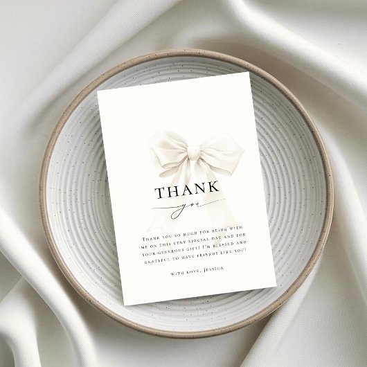クラッシーエレガントシックなホワイトボウブライダルシャワー サンキューカード