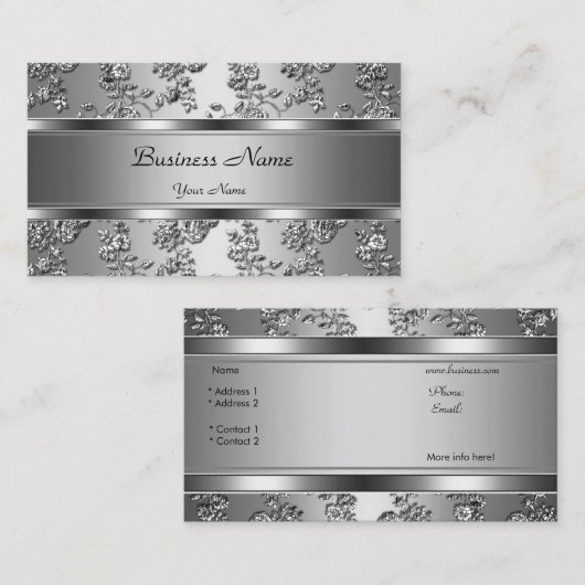 クラッシーエレガントシルバーエンボスフローラルック 名刺 (正面/裏面)