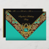 クラッシーエレガントジェイドブラック金ゴールド誕生日パーティー 招待状 (正面/裏面)