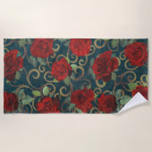 クラッシーエレガントダマスクヴィンテージシックティール（緑がかった色）レッドローズ ビーチタオル (正面)