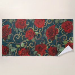 クラッシーエレガントダマスクヴィンテージシックティール（緑がかった色）レッドローズ ビーチタオル