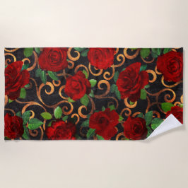 クラッシーエレガントダマスクヴィンテージシックブラックレッドローゼス ビーチタオル