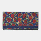 クラッシーエレガントダマスクヴィンテージレッドローズネイビーブルー デスクマット (正面)