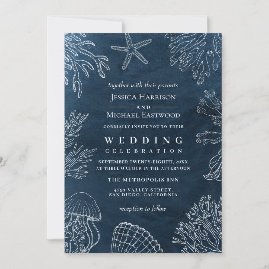クラッシーエレガントネイビーコーラルビーチ結婚式 招待状 (正面)