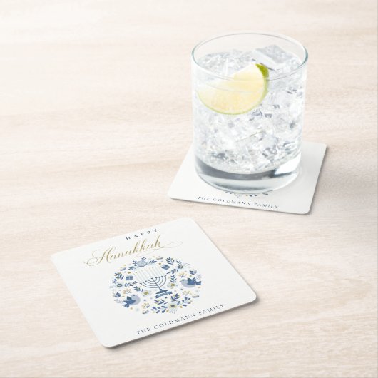 クラッシーエレガントネイビーブルーハッピーハヌカーフローラ スクエアペーパーコースター (インサイチュ)