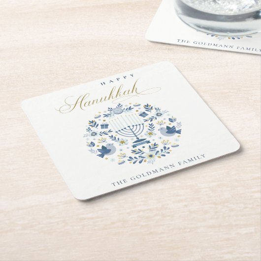 クラッシーエレガントネイビーブルーハッピーハヌカーフローラ スクエアペーパーコースター (アングル)