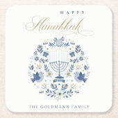 クラッシーエレガントネイビーブルーハッピーハヌカーフローラ スクエアペーパーコースター (正面)