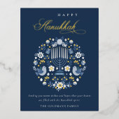 クラッシーエレガントネイビーブルーハッピーハヌカーフローラ 箔シーズンポストカード (正面)