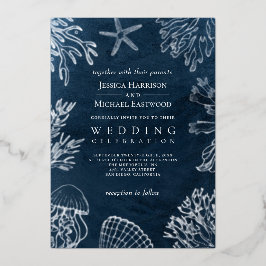 クラッシーエレガントネイビーブルー海ビーチ結婚式 箔招待状
