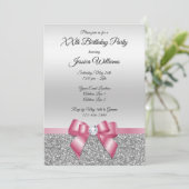 クラッシーエレガントピンクボウ&シルバーグリッター誕生日 招待状 (スタンド正面)