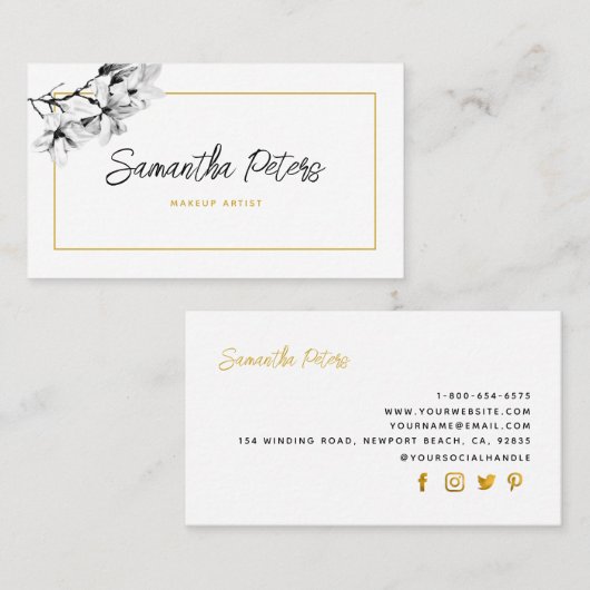 クラッシーエレガントフローラ白黒マグノリア金ゴールド 名刺 (正面/裏面)