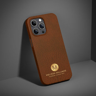 クラッシーエレガントブラウンレザーフェイク&金ゴールドモノグラム iPhone 15 PRO MAXケース