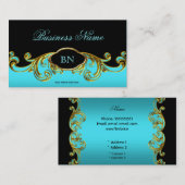 クラッシーエレガントブラックティール(緑がかった色)ブルー金ゴールドフローラ 名刺 (正面/裏面)