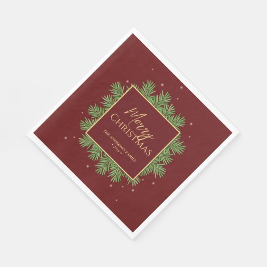 クラッシーエレガントブルゴーニュ&金ゴールドクリスマスボタニカル スタンダードランチョンナプキン (角)